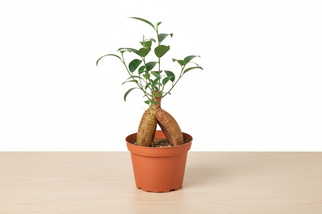 Potted plant with a unique root system on a white background