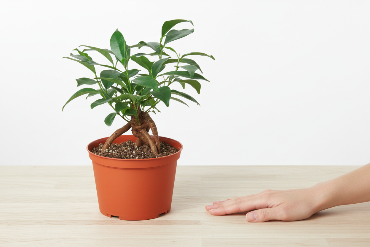 Potted plant with visible roots in an orange pot on a white background
