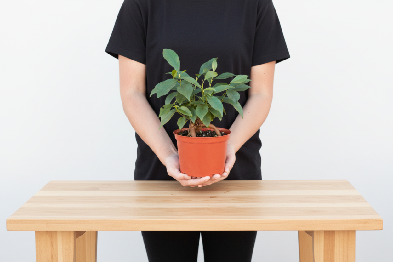 Hand holding a potted plant with a white background