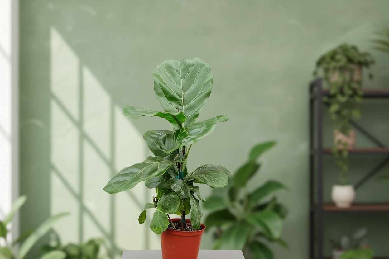 Person holding a potted plant with a plain background