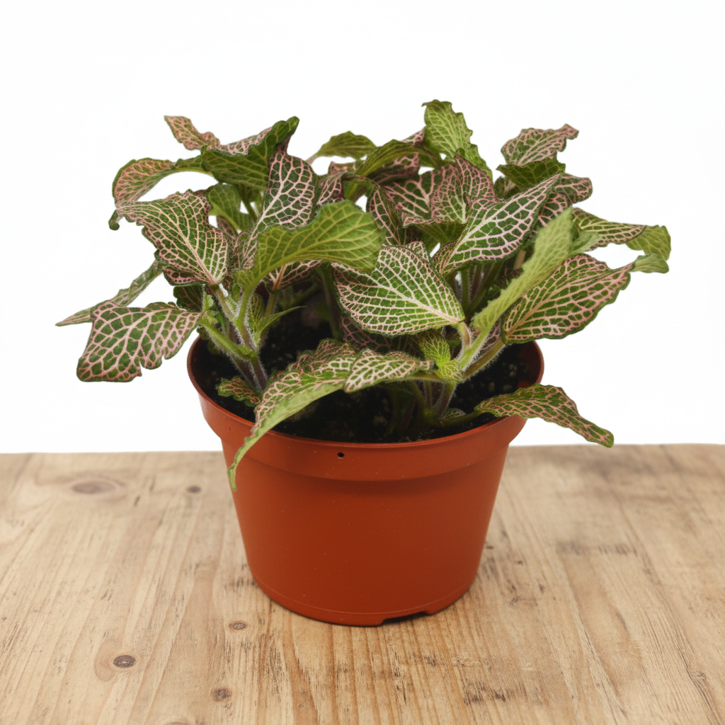 Potted plant sitting on a brown table with white background with plant leaves variegated pink and white colors