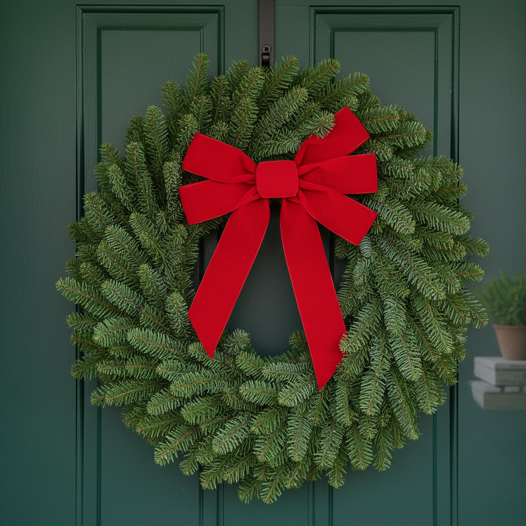 Real live Wreath hanging on a green door 