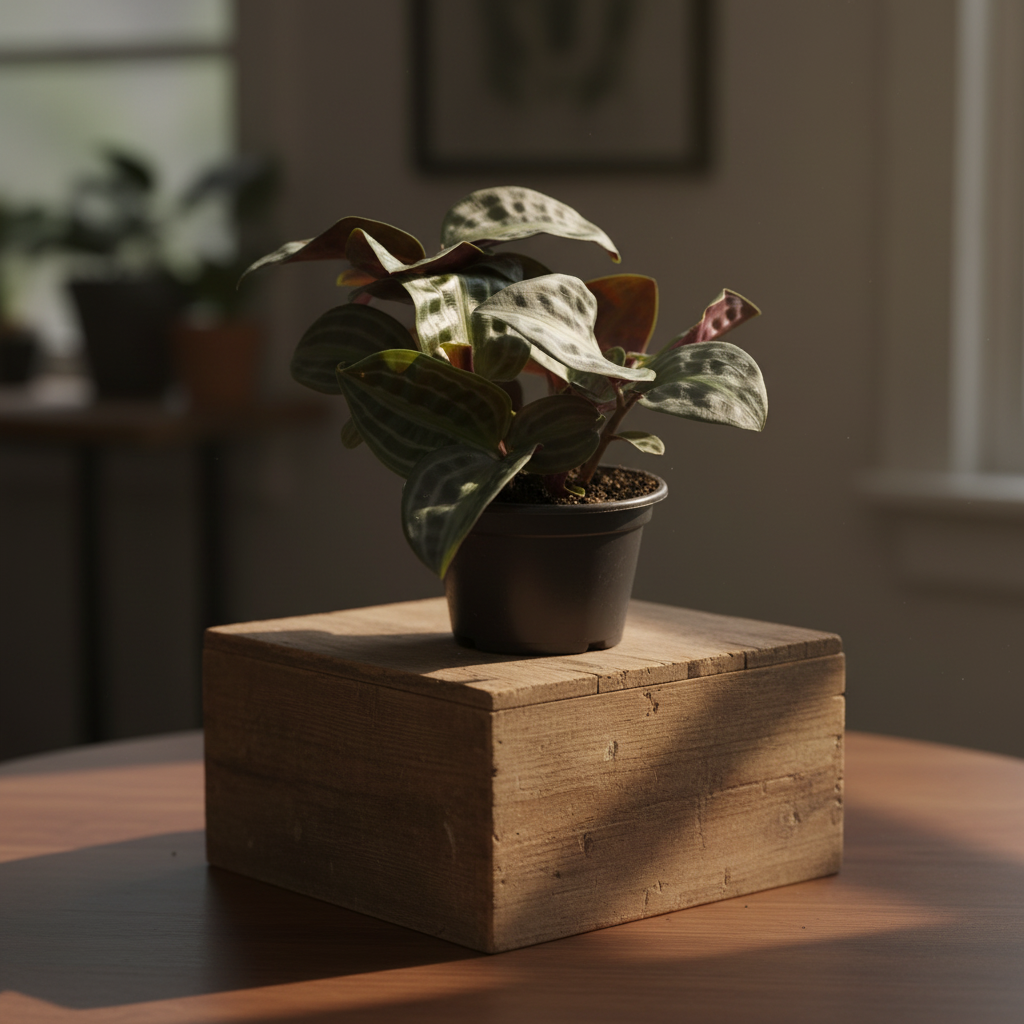 A potted plant with variegated leaves sitting on a wood box on a brown table in a living room with a window.