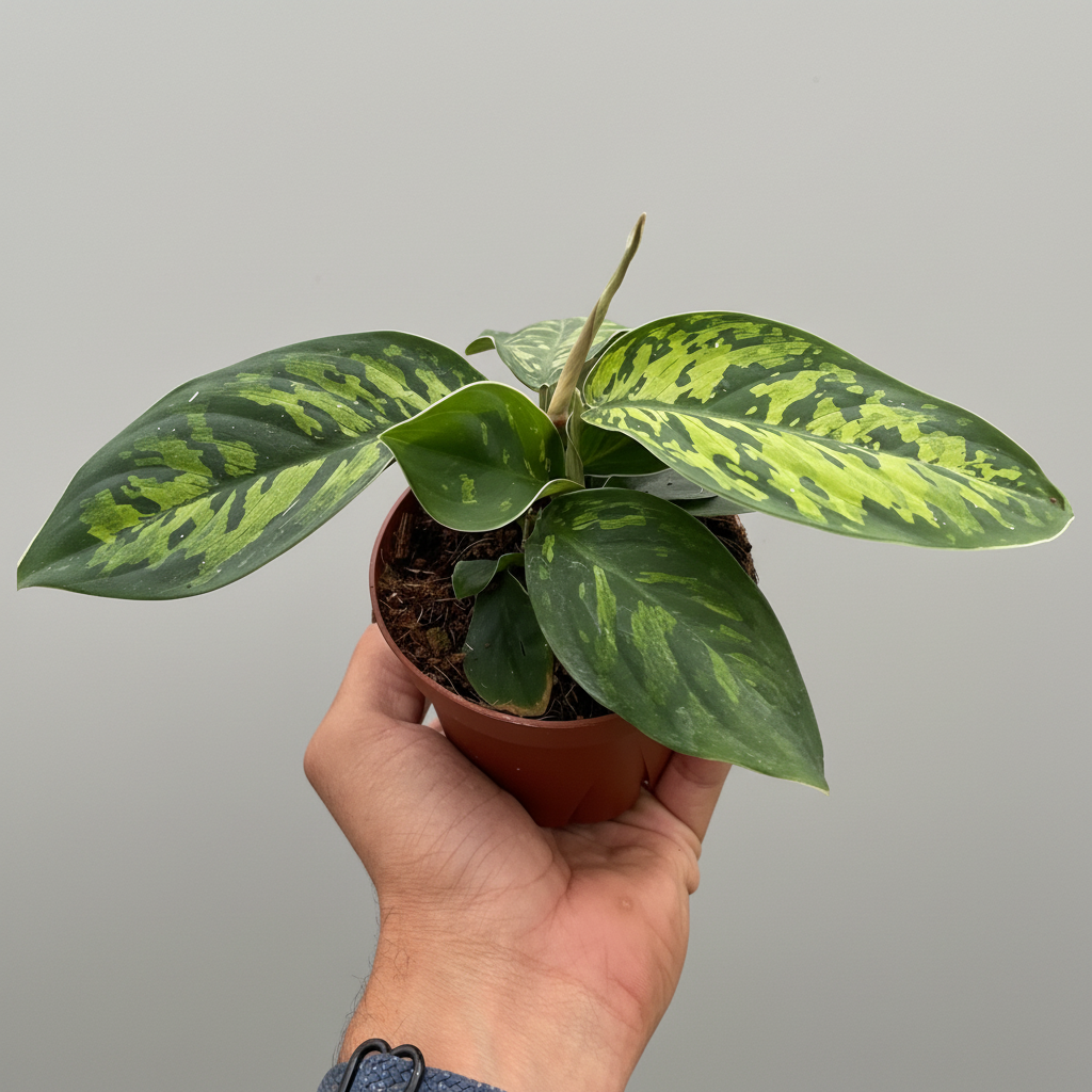 Hand holding a potted plant with green leaves on a white background