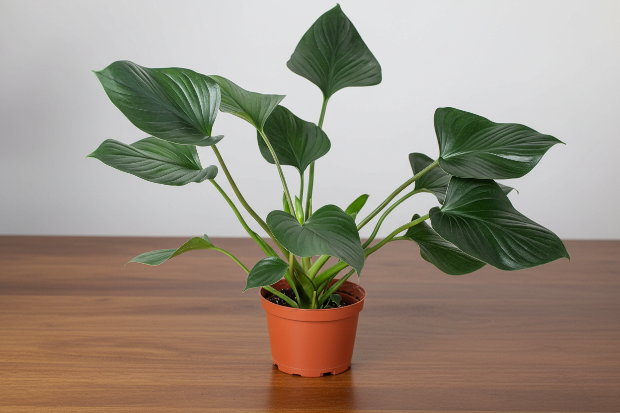 Potted plant with large green leaves on a white background