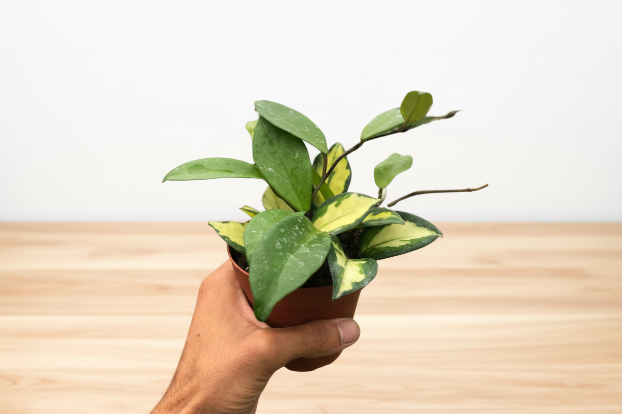 Hand holding a small Hoya Carnosa 'Krimson Princess' in a brown pot, showing green and yellow variegated leaves.