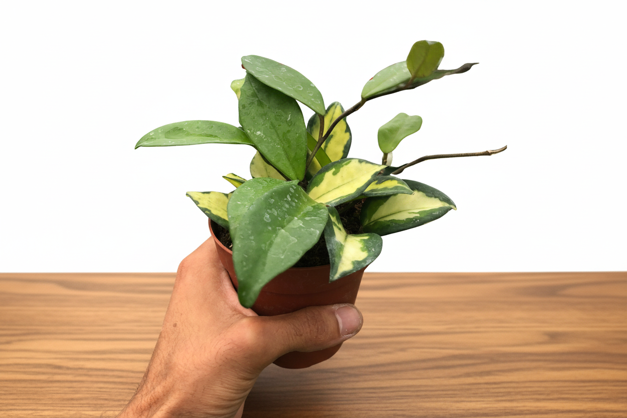 Hand holding a small Hoya Carnosa 'Krimson Princess' plant with green and yellow variegated leaves in a brown pot.