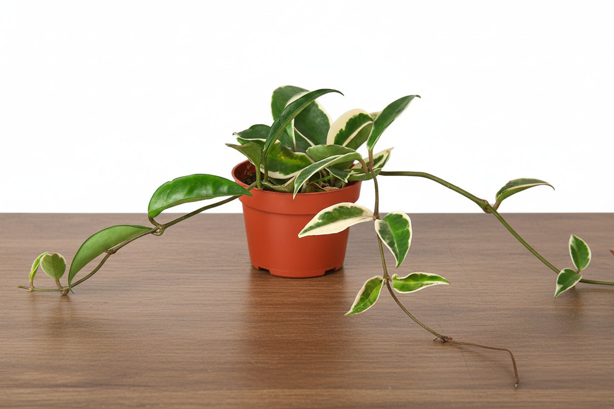 Hoya Carnosa 'Tricolor' plant in a terracotta pot with green, white, and pink variegated leaves.