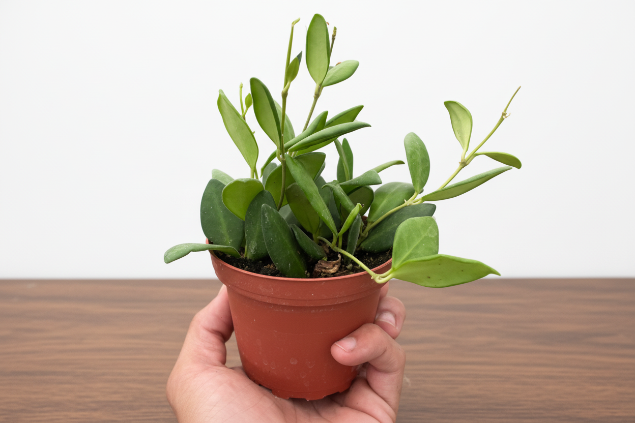 Hand holding a small potted plant against a white background