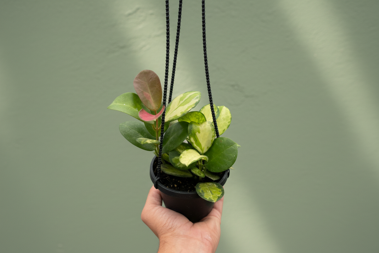Hand holding a potted plant with green leaves and a pink flower on a white background