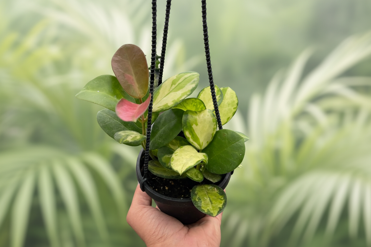 Hand holding a potted plant with green and pink leaves on a white background