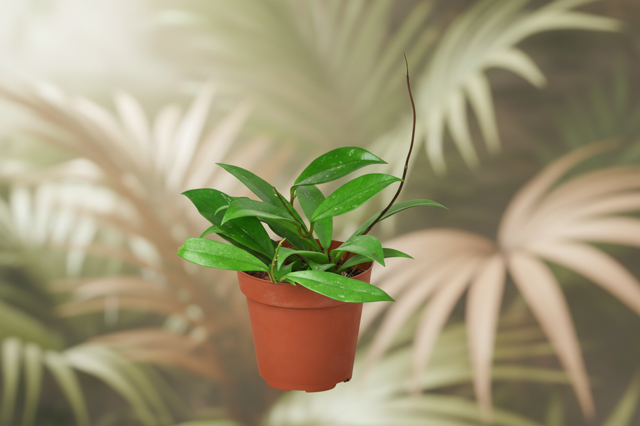 Hoya 'Publicalyx' in a terracotta pot, with deep green lanceolate leaves and a budding stem.