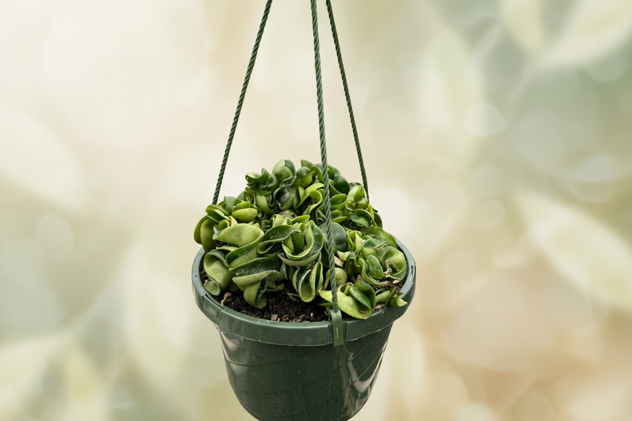Green Hoya Hindu Rope plant with thick, twisted, curly leaves in a dark green hanging pot.