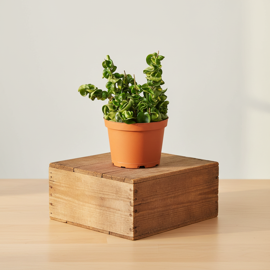 Small green Hoya Hindu Rope plant in a terracotta pot on a wooden crate.