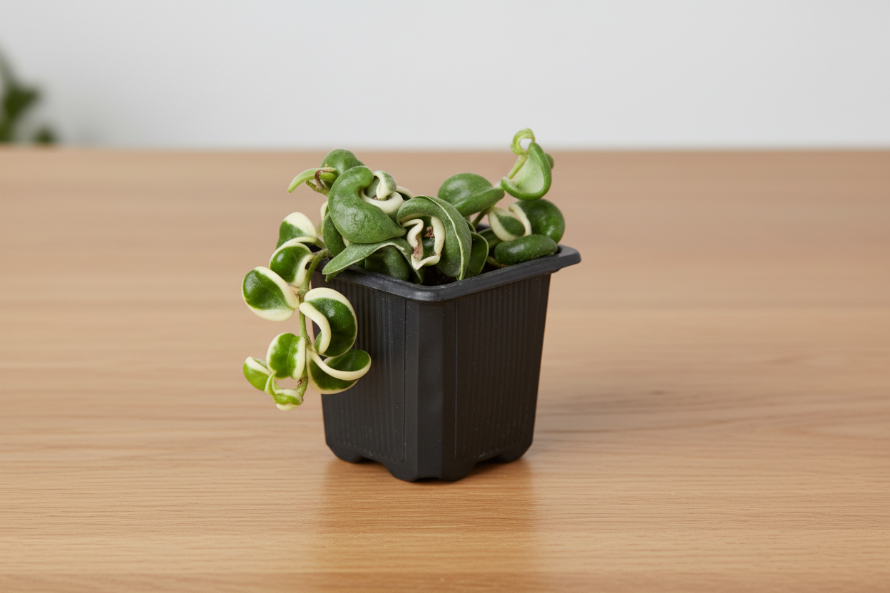 Small potted plant in a black container on a white background