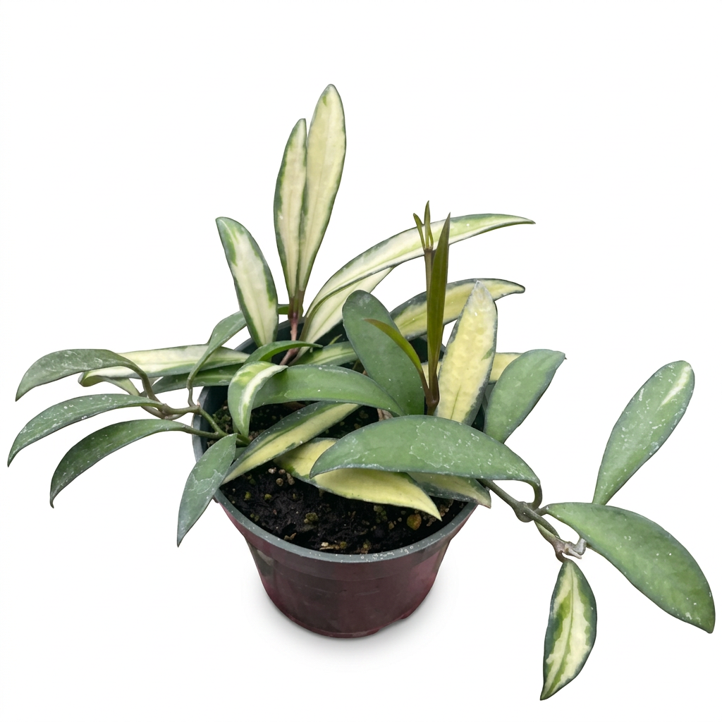 Potted hoya wayetii variegated trailing plant with green and white variegated leaves growing in a black pot.
