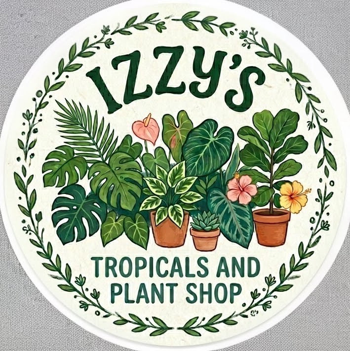 Round white Izzy's Tropicals logo with green leafy border, various potted plants, and colorful flowers.