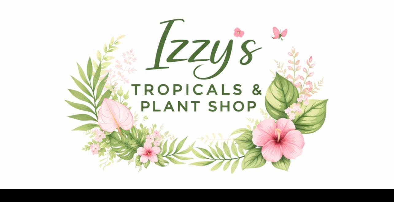 Izzy's Tropicals & Plant Shop logo: green script text surrounded by a wreath of pink hibiscus, anthurium, and tropical leaves.