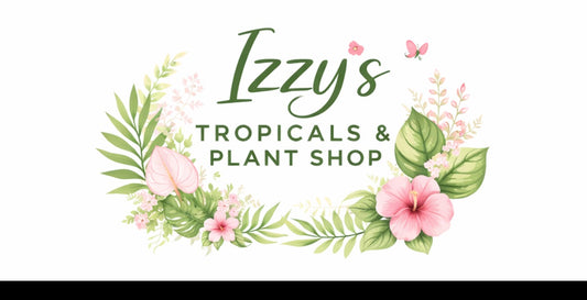 Izzy's Tropicals & Plant Shop logo: green script text surrounded by a wreath of pink hibiscus, anthurium, and tropical leaves.