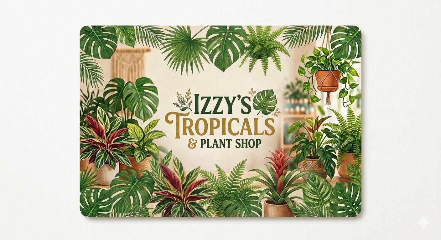 Izzy's Tropicals & Plant Shop card with plant illustrations on a white background