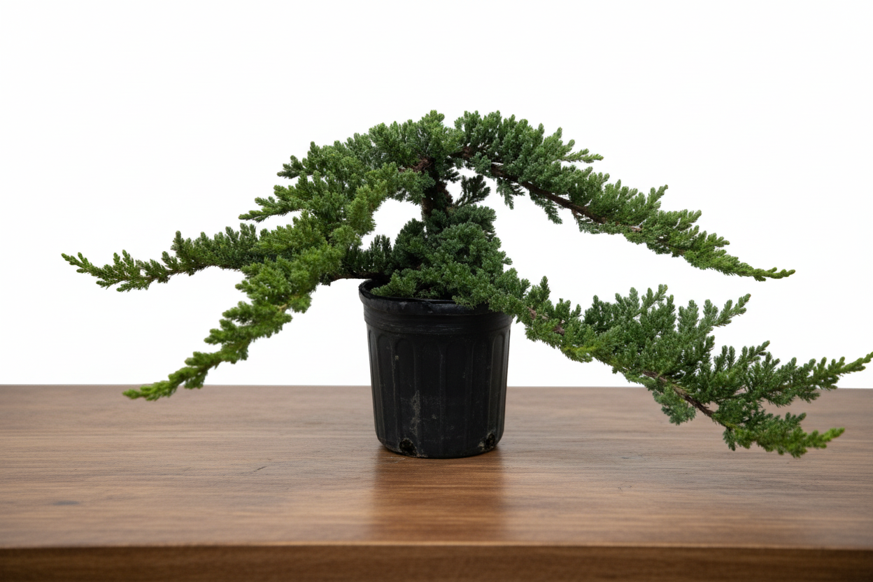 Potted plant with green branches on a white background