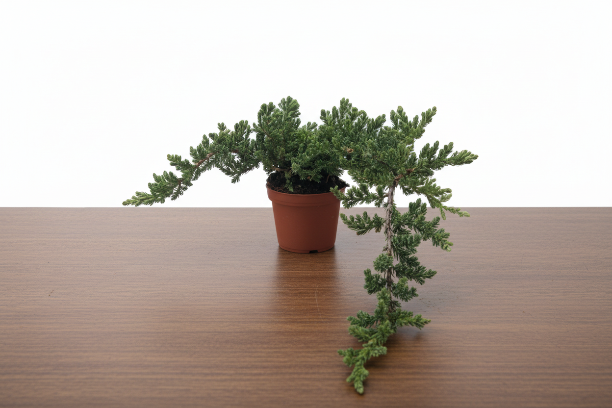 Potted plant with hanging branches on a white background