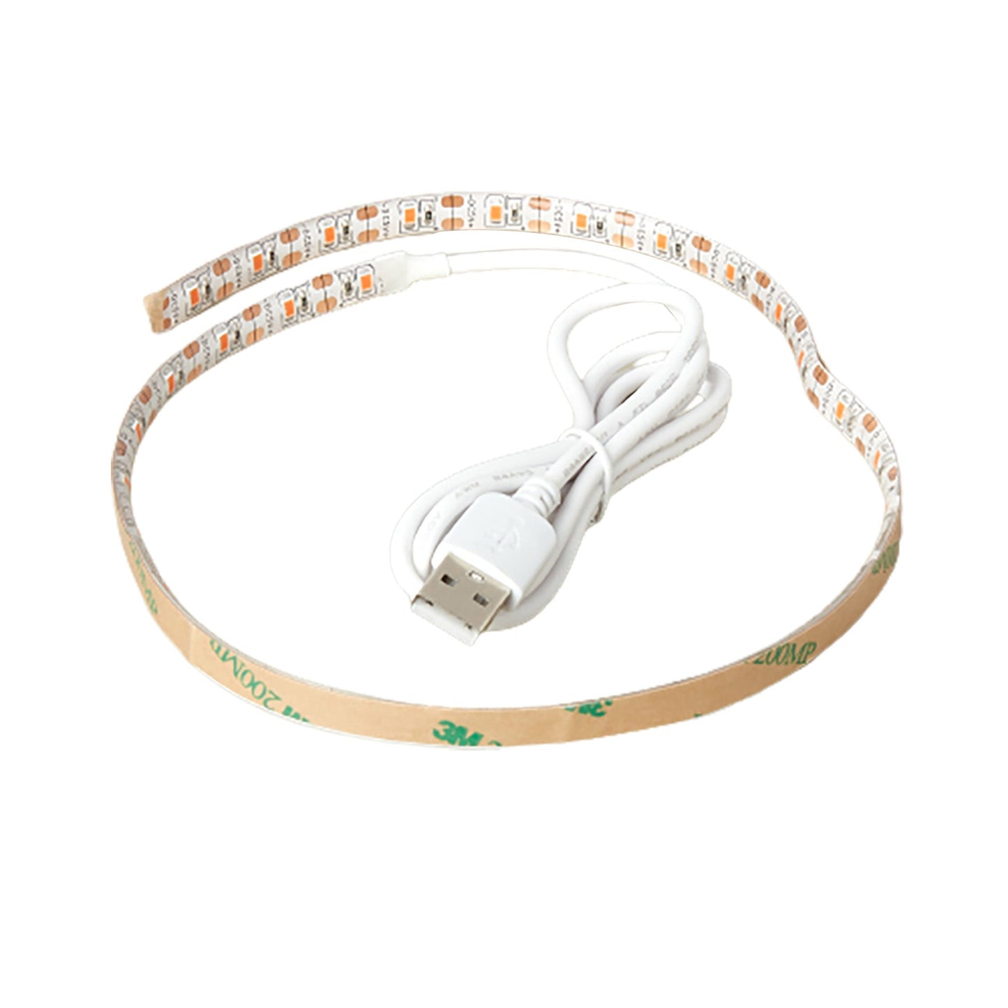 White LED flexible grow light strip with orange lights and a USB plug, coiled on a white background.