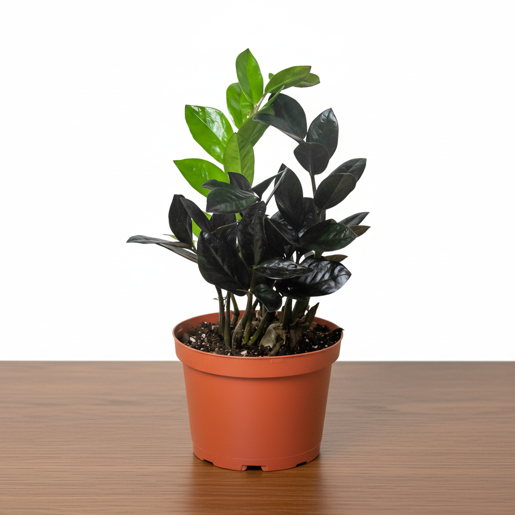 A small ZZ Plant in a brown pot, featuring both dark green and new bright green leaves.