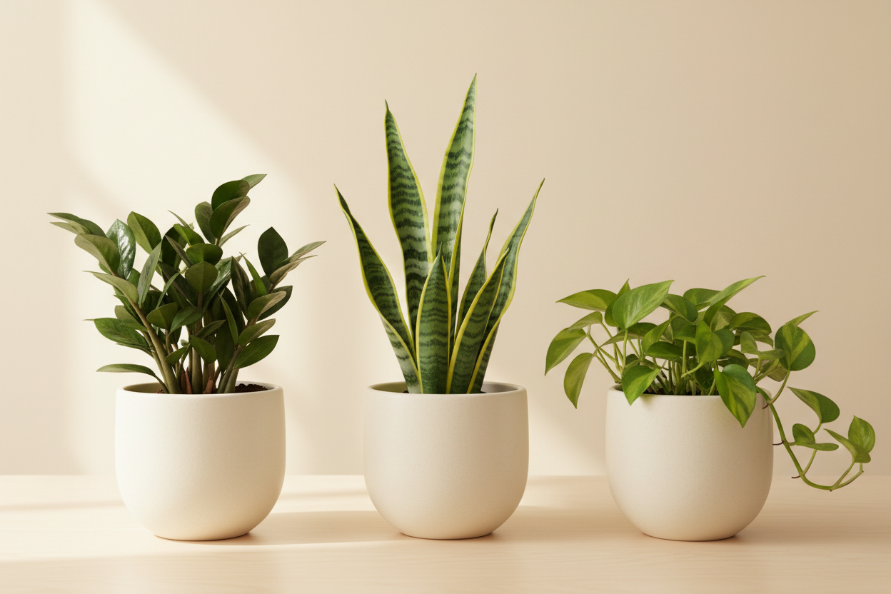 Three potted houseplants in matte white ceramic pots, arranged side by side on a light beige surface against a warm beige background. The plants include a leafy green plant, a snake plant, and a trailing green plant.