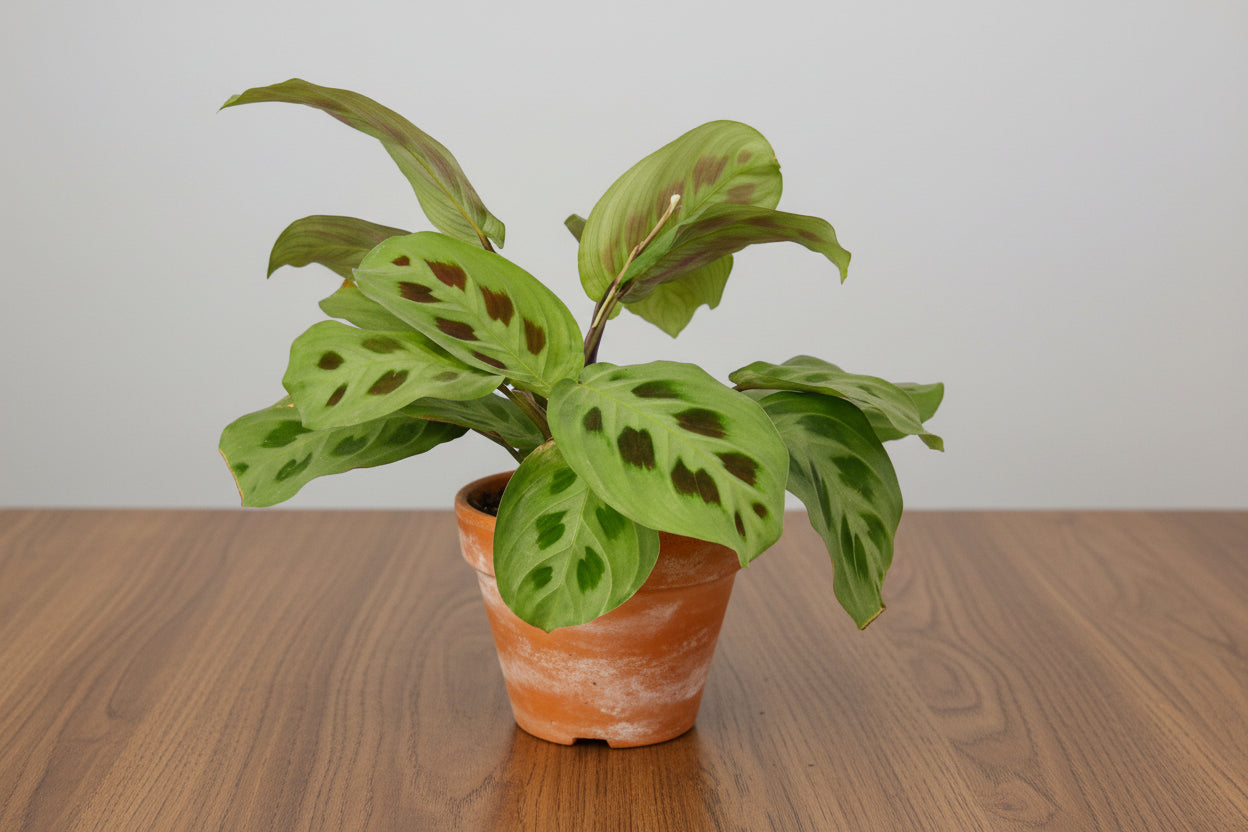 Maranta 'Leuconeura' prayer plant with oval green leaves and dark spots in a terracotta pot.