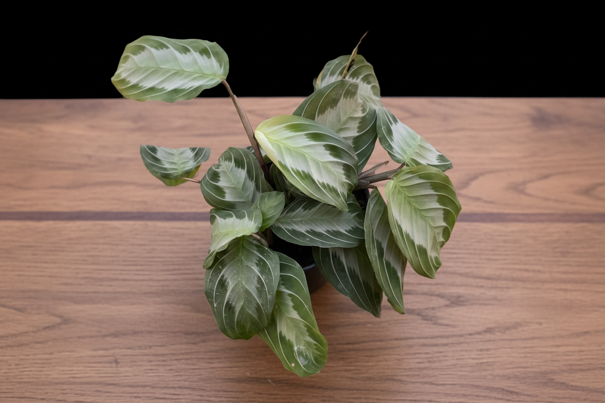 Maranta 'Silver Band' prayer plant with matte green leaves and luminous silver bands on a wood surface.