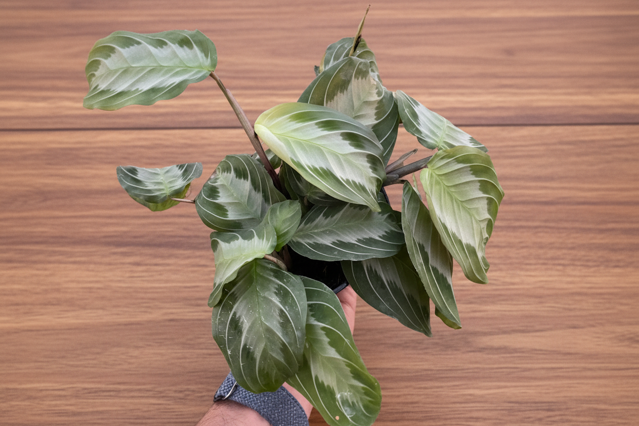 Maranta 'Silver Band' prayer plant with matte green leaves and luminous silver bands.