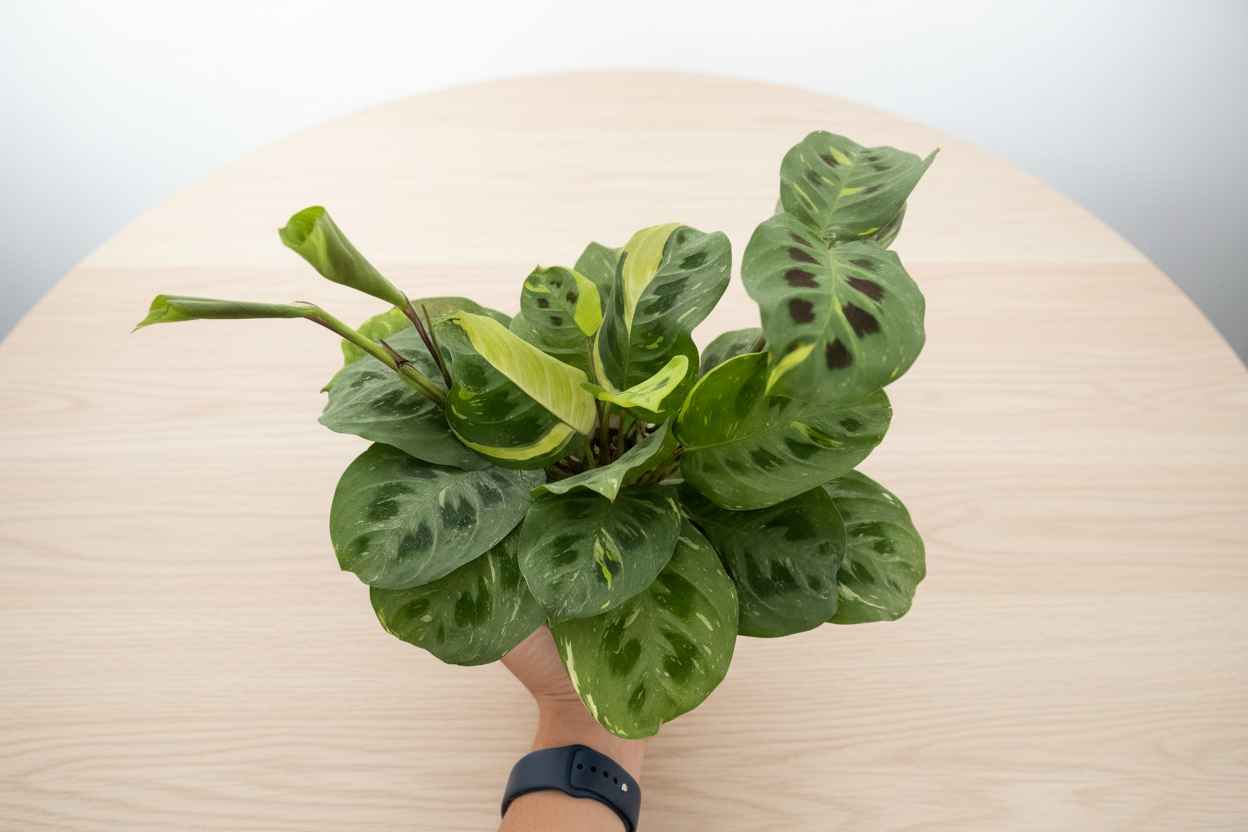 Variegated Maranta 'Beauty Kim' prayer plant with medium green leaves, chocolate spots, and creamy white to yellow variegation.