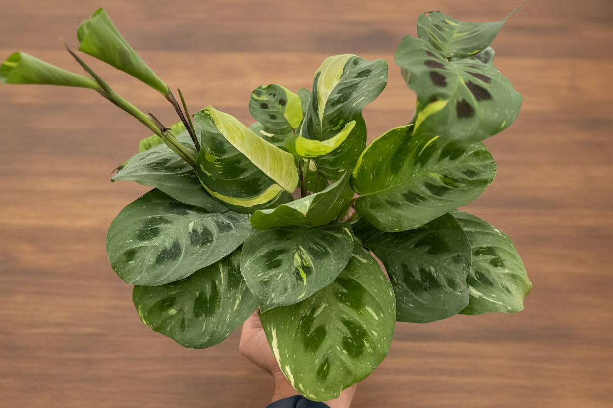 Variegated Maranta 'Beauty Kim' prayer plant with medium green leaves, chocolate spots, and creamy white to yellow variegation.