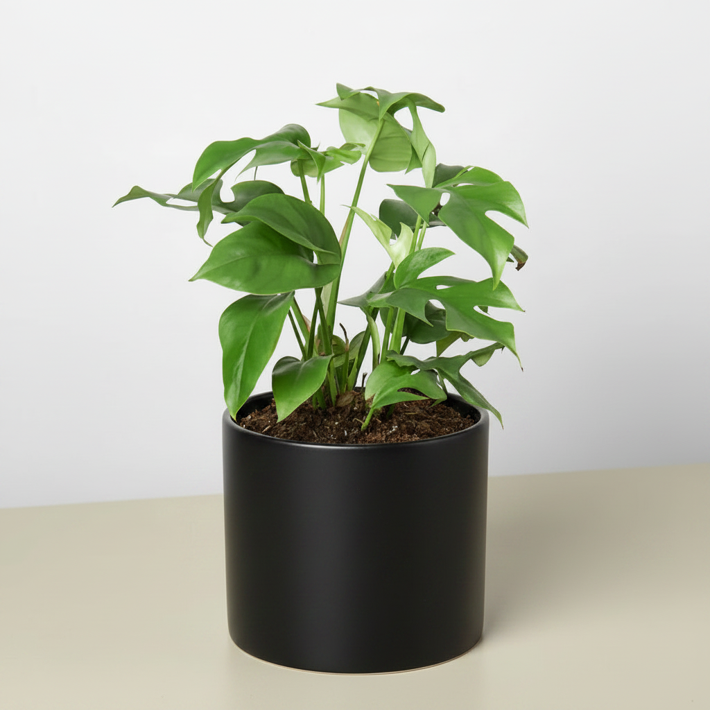 Potted plant with green leaves in a black cylinder pot on a light surface with a white background