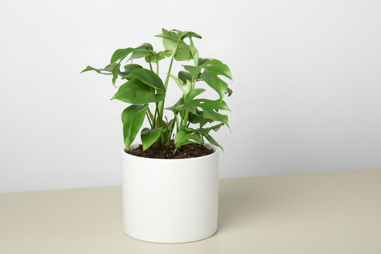 Potted plant with green leaves in a white pot on a light surface with a plain background