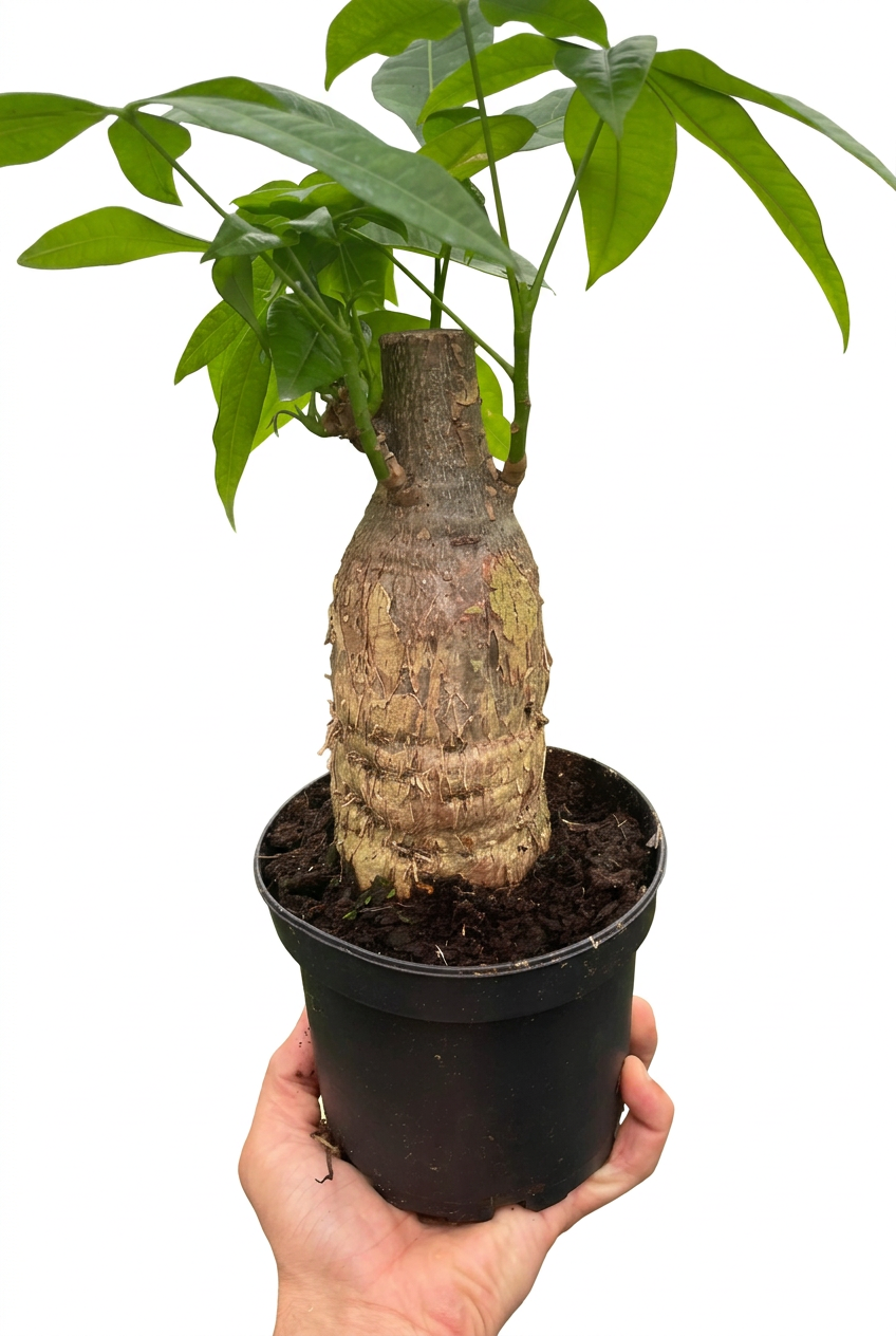Hand holding a potted money tree guiana chestnut pachira stump plant with a thick trunk with glossy green fan like leaves in a black pot.