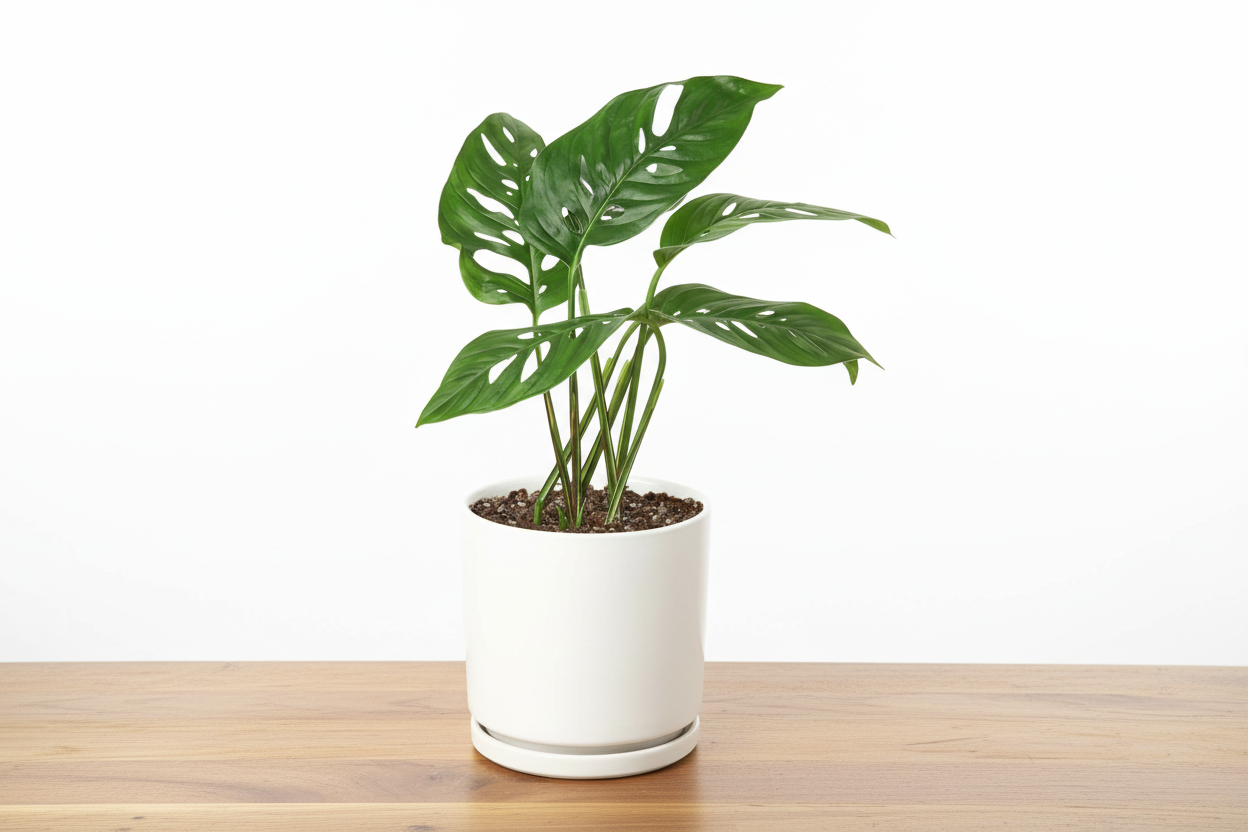 Monstera Adansonii 'Swiss Cheese' plant with dark green fenestrated leaves in a white ceramic pot.