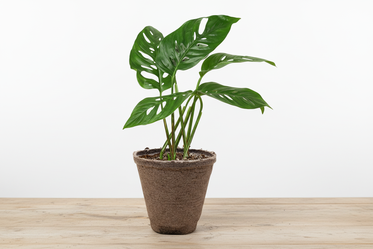 Monstera Adansonii 'Swiss Cheese' plant in a brown fiber pot on a light wooden surface.