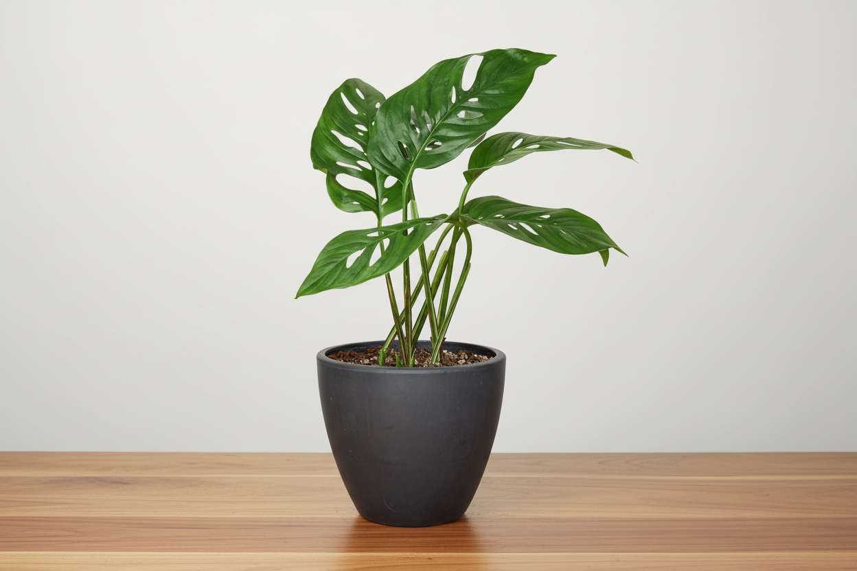 Monstera Adansonii 'Swiss Cheese' plant in a dark gray pot on a wooden surface.