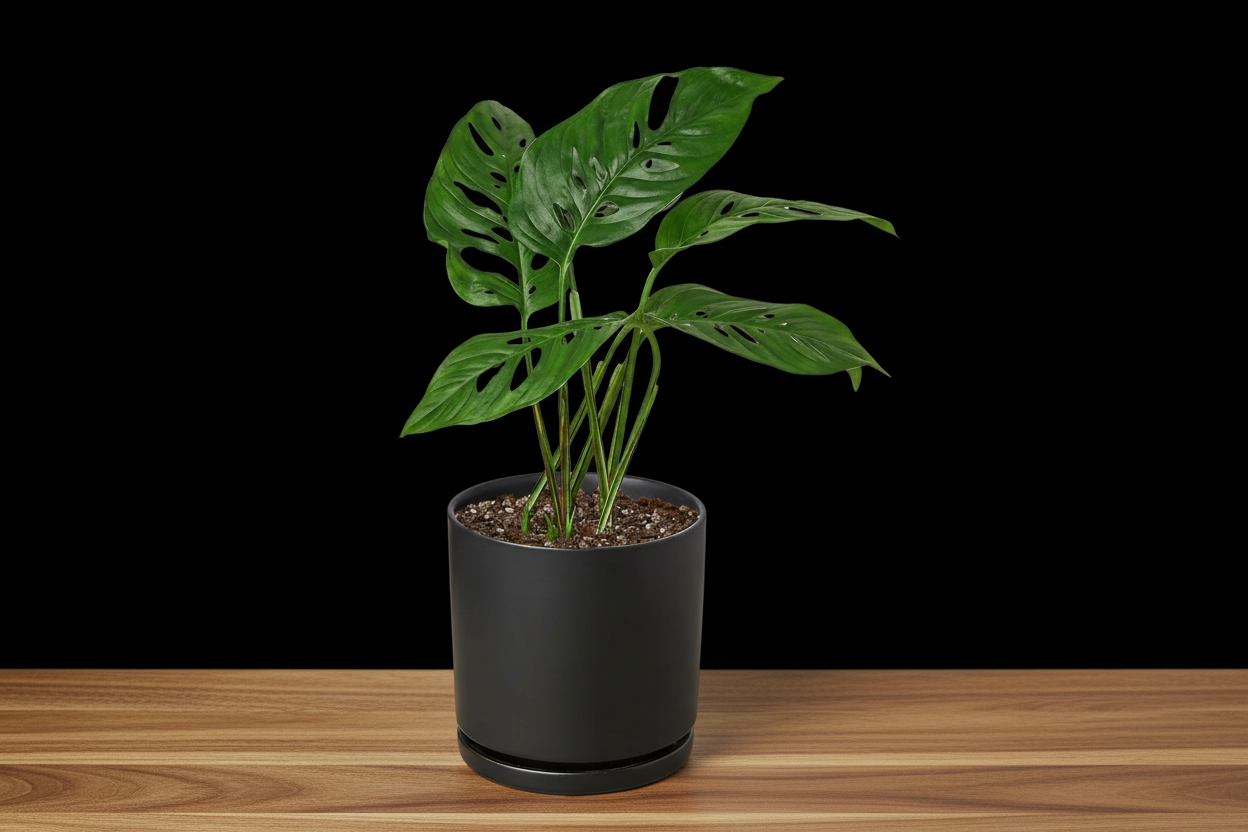 Monstera Adansonii 'Swiss Cheese' plant with fenestrated green leaves in a sleek black pot on wood.