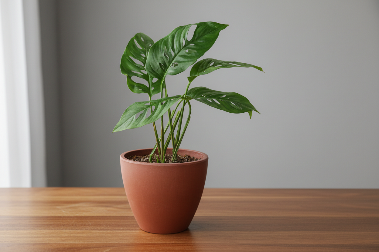 Monstera Adansonii 'Swiss Cheese' plant with green fenestrated leaves in a terracotta pot on a wooden table.