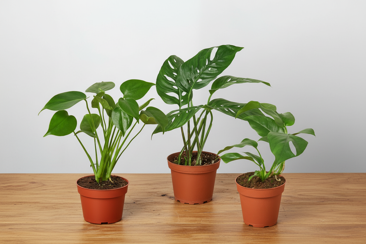 Three green Monstera plants: Deliciosa, Adansonii, and Minima, in brown pots on a wooden surface.
