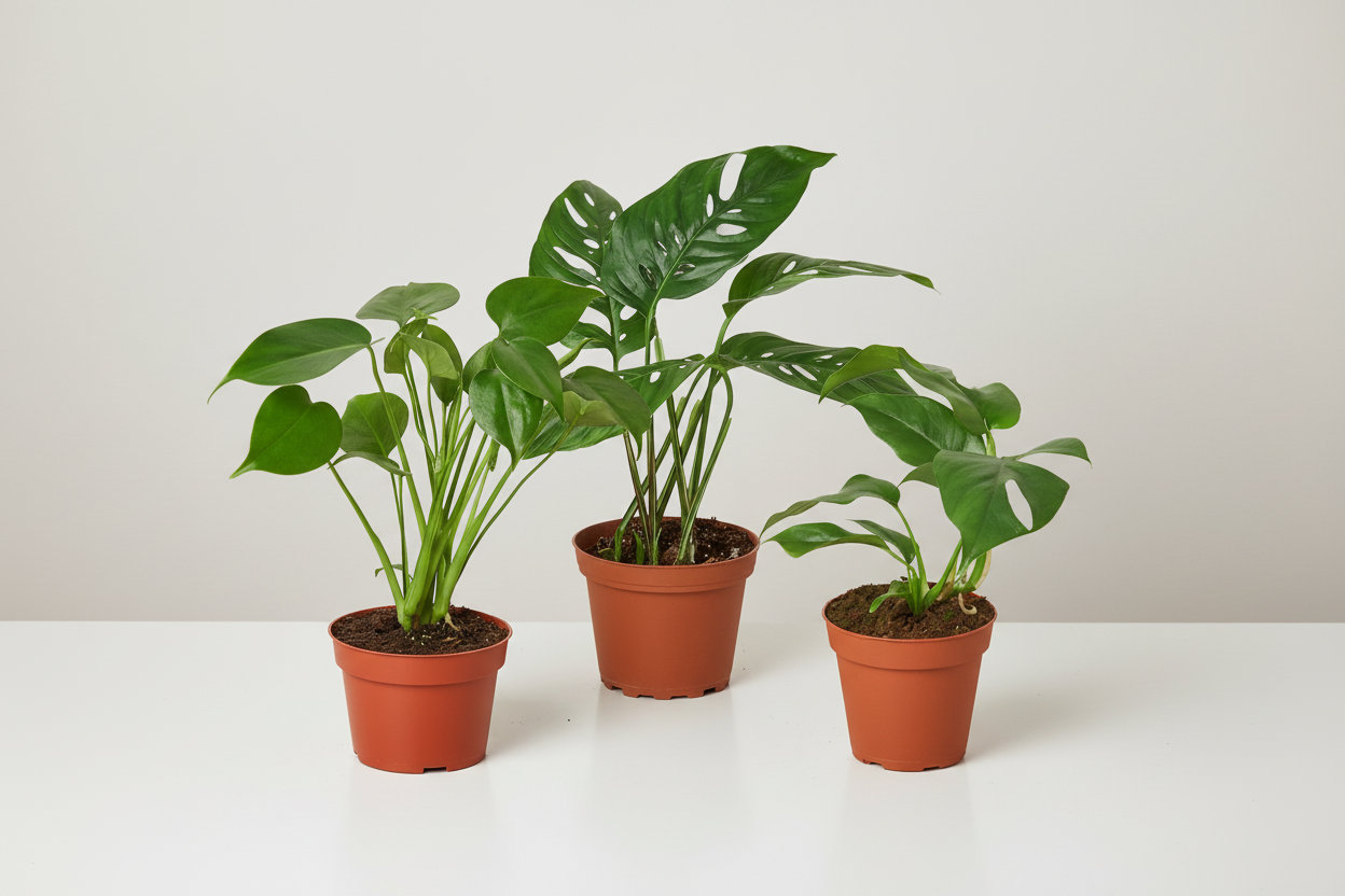 Three potted Monstera plants: Deliciosa, Adansonii, and Minima, with vibrant green leaves in brown pots.