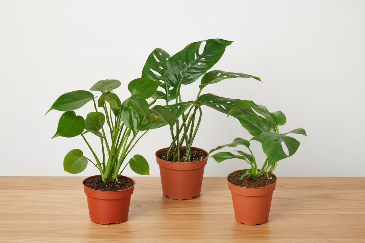 Three potted Monstera plants: Deliciosa, Adansonii, and Minima, with green leaves in terra cotta pots on wood.