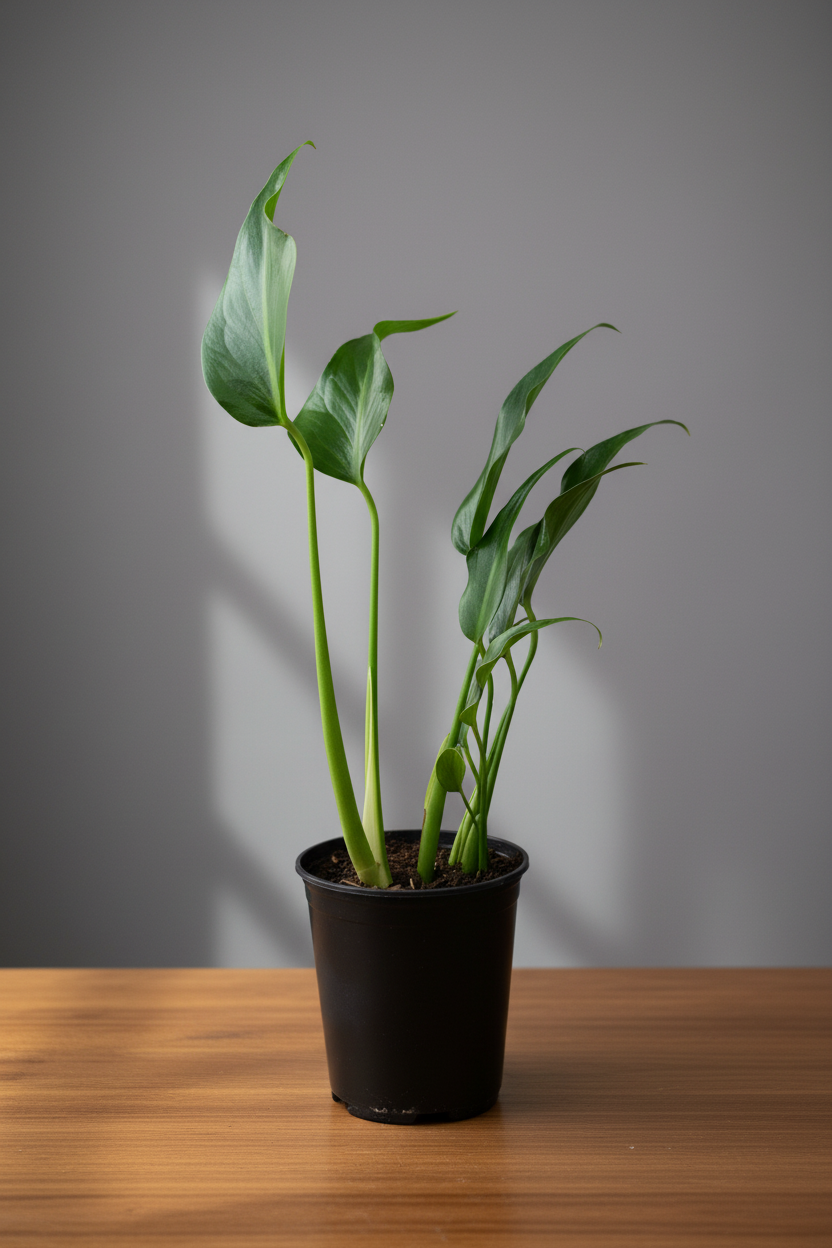 Potted plant with green leaves sitting on a brown table on a grey background