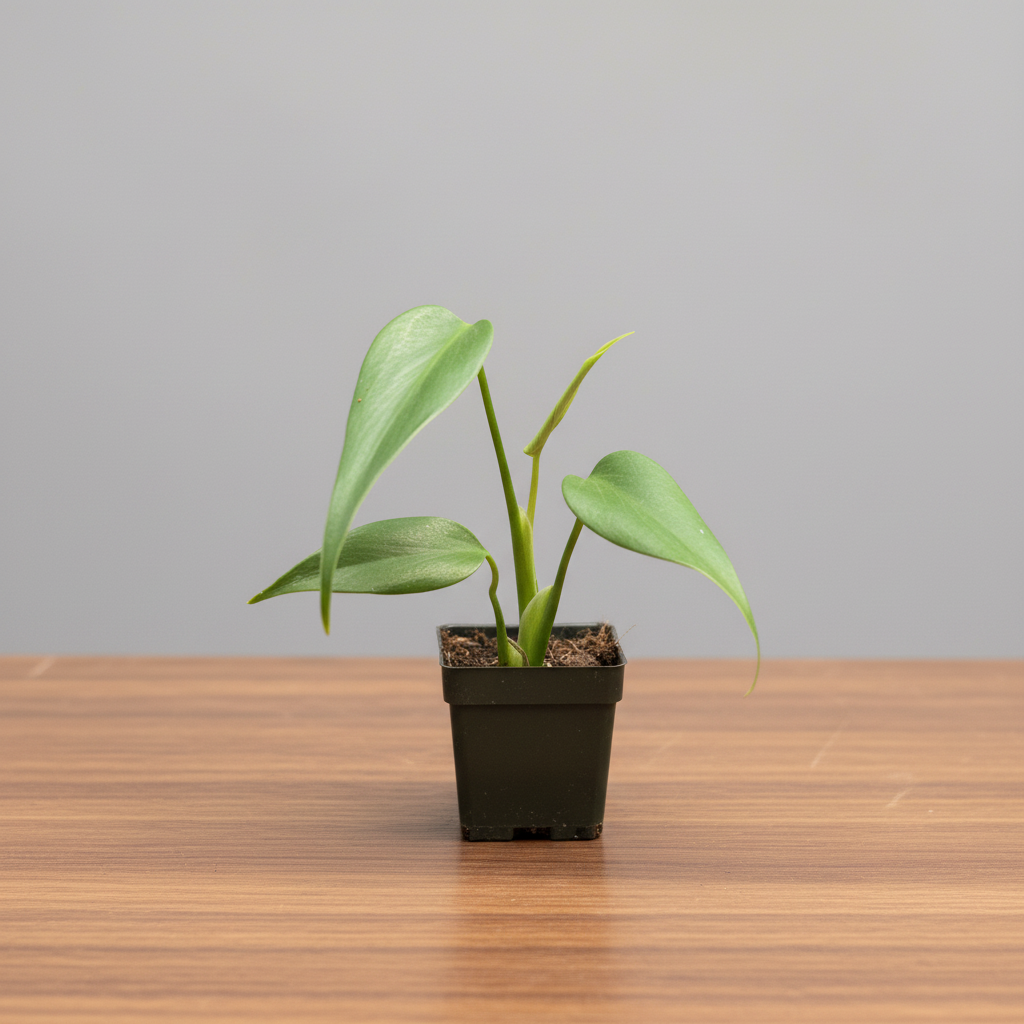 Small potted plant with green leaves in a black pot sitting on a brown table with grey background