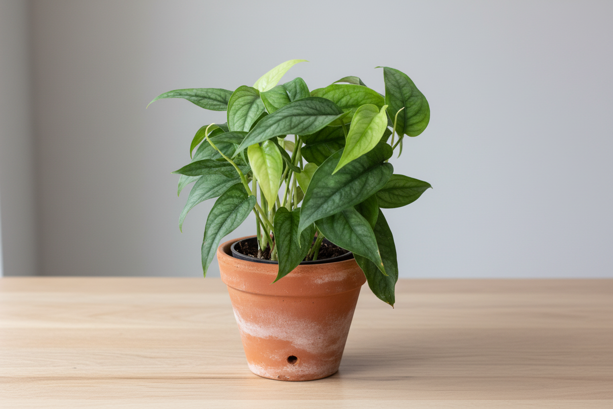 Monstera Siltepecana plant with bluish-gray, silver-shaded juvenile leaves in a terracotta pot.