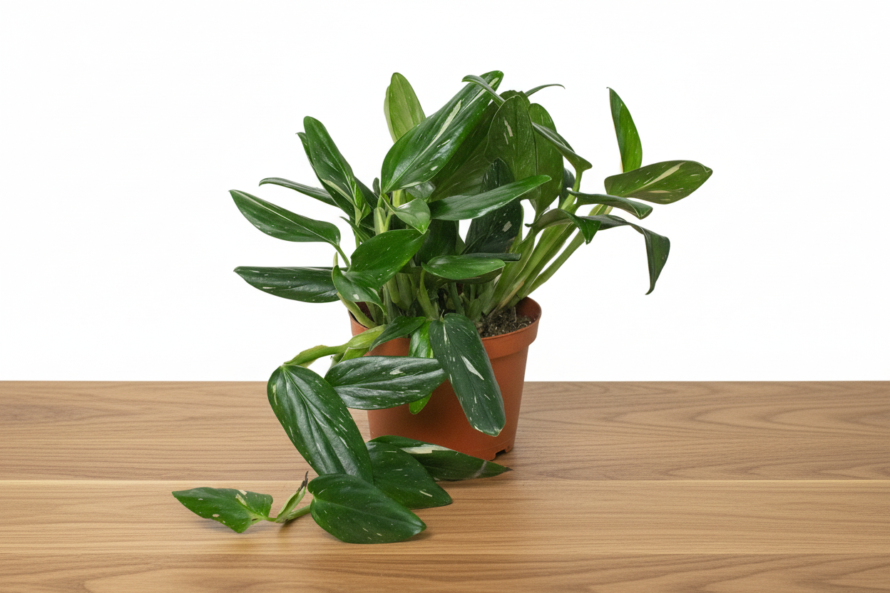 Monstera Standeleyana Albo Variegated plant with green and white speckled leaves in a brown pot.