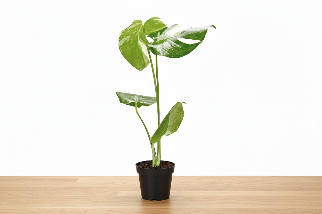 Monstera 'Thai Constellation' plant in a black pot, featuring green leaves with creamy white variegation.